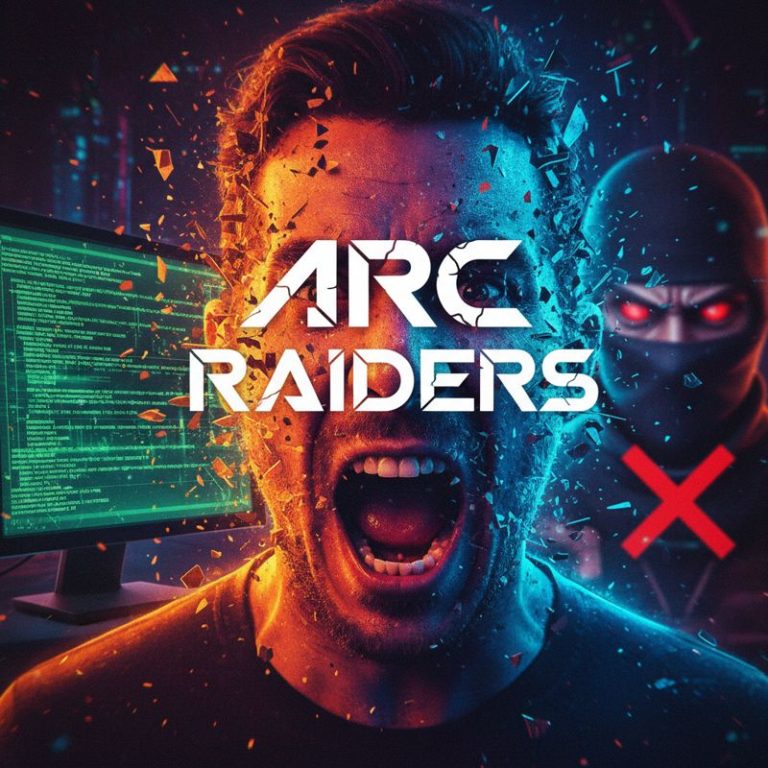 스트리머가 분노하는 모습과 ARC Raiders 로고, 그리고 치터를 상징하는 해킹 마스크