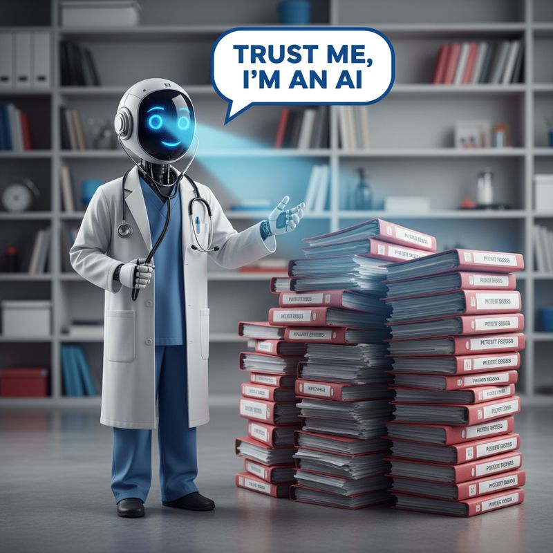 의사가 된 챗봇이 환자의 의료정보 파일을 바라보는 모습