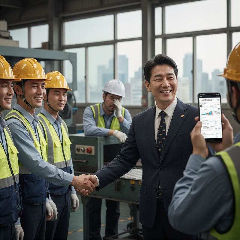 경영진이 노동자와 상생을 약속하며 악수하는 장면, 한쪽에선 노동자가 피곤한 표정으로 앱을 들여다보고 있다