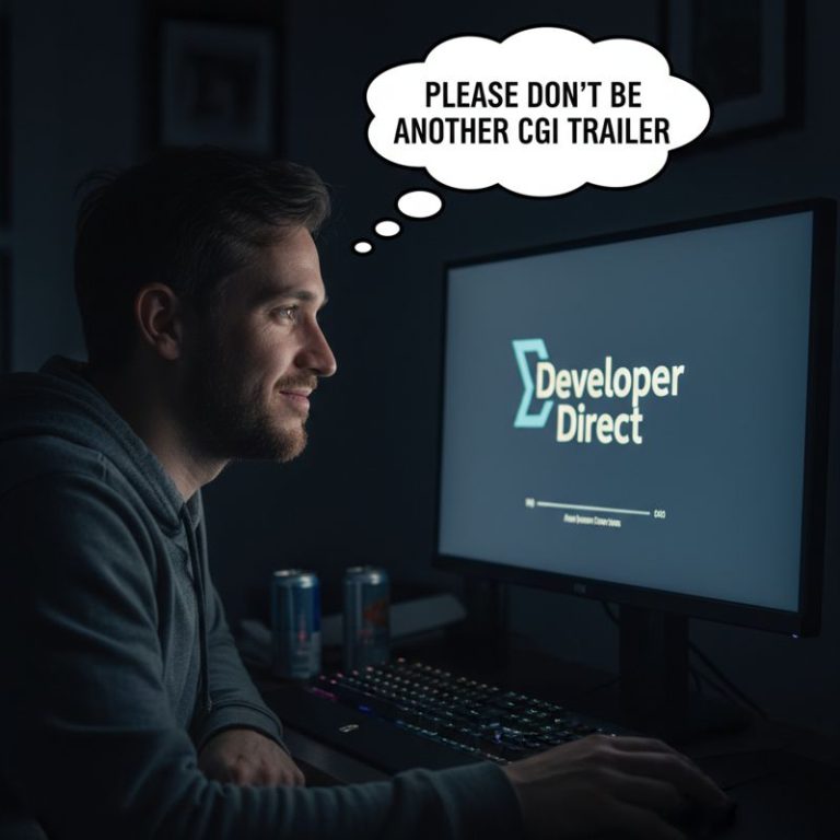 사람이 모니터 앞에서 실망과 기대가 교차하는 표정으로 Xbox Developer Direct를 보는 모습