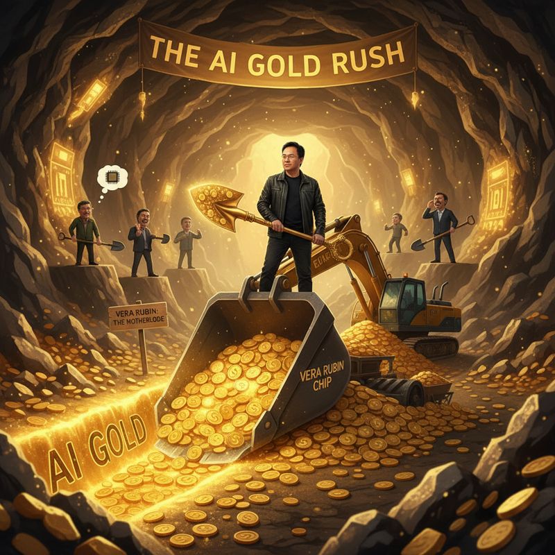 젠슨 황이 거대한 삽으로 금을 퍼담고, 다른 반도체 기업 CEO들이 작은 삽을 들고 멀리서 지켜보는 모습