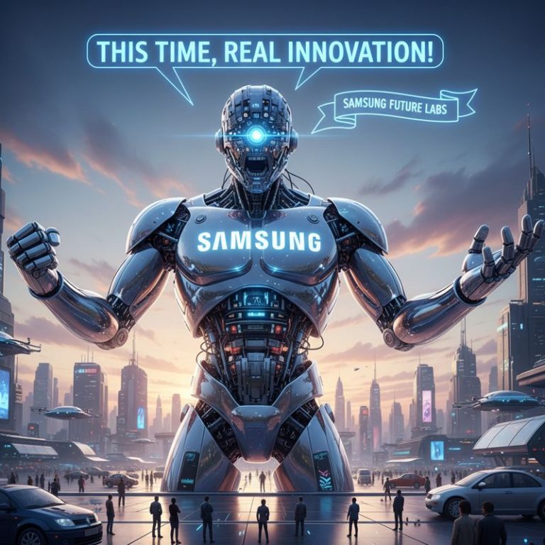 센서를 잔뜩 단 휴머노이드 로봇이 혁신을 외치는 모습, 삼성 로고가 강조됨