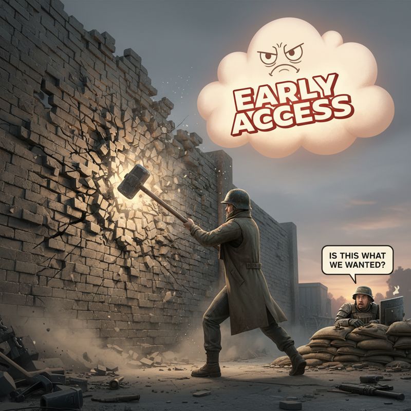 배틀그라운드 탑다운 캐릭터들이 벽을 부수고 '얼리 액세스' 구름 아래에서 전투하는 모습
