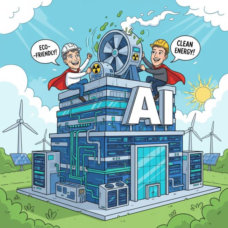 빌 게이츠와 마크 주커버그가 원자력 발전소에서 AI 데이터 센터에 전기를 공급하는 장면