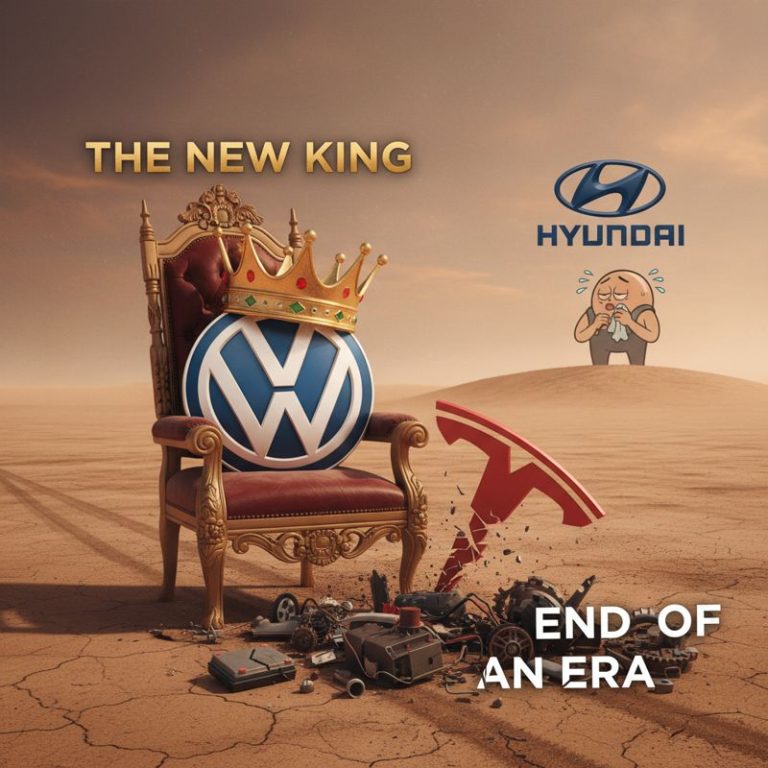 폭스바겐이 왕관을 쓰고 왕좌에 앉는 동안, 테슬라는 밀려나고 현대는 옆에서 지켜보는 상황을 풍자적으로 그린 그림