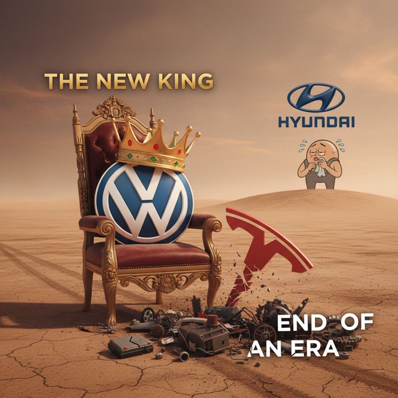 폭스바겐이 왕관을 쓰고 왕좌에 앉는 동안, 테슬라는 밀려나고 현대는 옆에서 지켜보는 상황을 풍자적으로 그린 그림