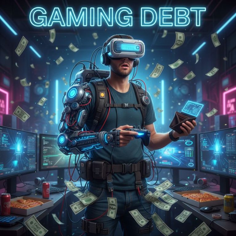 수많은 최신 게임 기기를 장착한 게이머가 돈이 사라지는 걸 황당해하며 바라보는 이미지