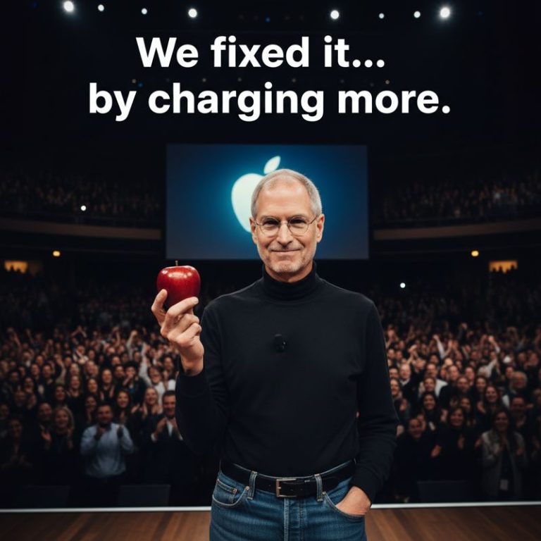 스티브 잡스 스타일의 인물이 미소 지으며 사과를 들고 '우리는 고쳤습니다… 하지만 더 비싸게요'라고 말하는 만화 이미지