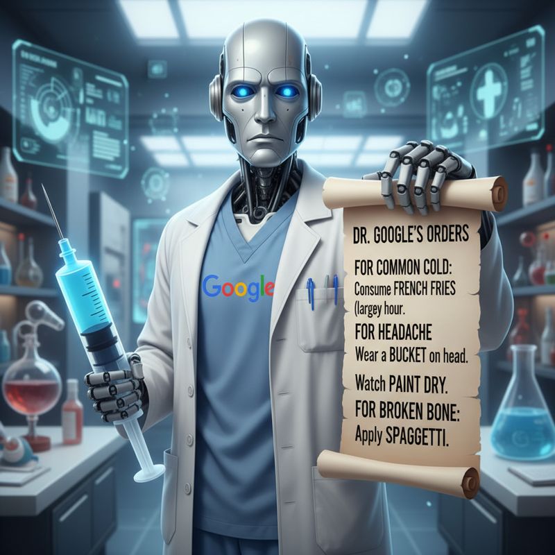 의사처럼 보이려 애쓰는 구글 로봇이 이상한 건강 조언이 적힌 처방전을 내밀고 있다