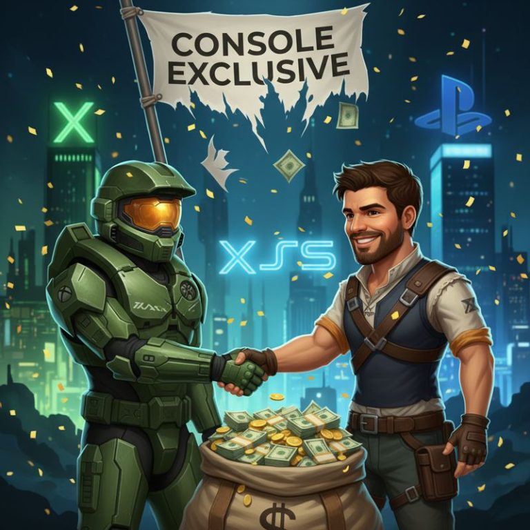 엑스박스와 플스 캐릭터가 돈가방을 사이에 두고 손을 맞잡는 모습. 뒤에는 '콘솔 독점'이라는 플래카드가 찢어져 떨어진다.