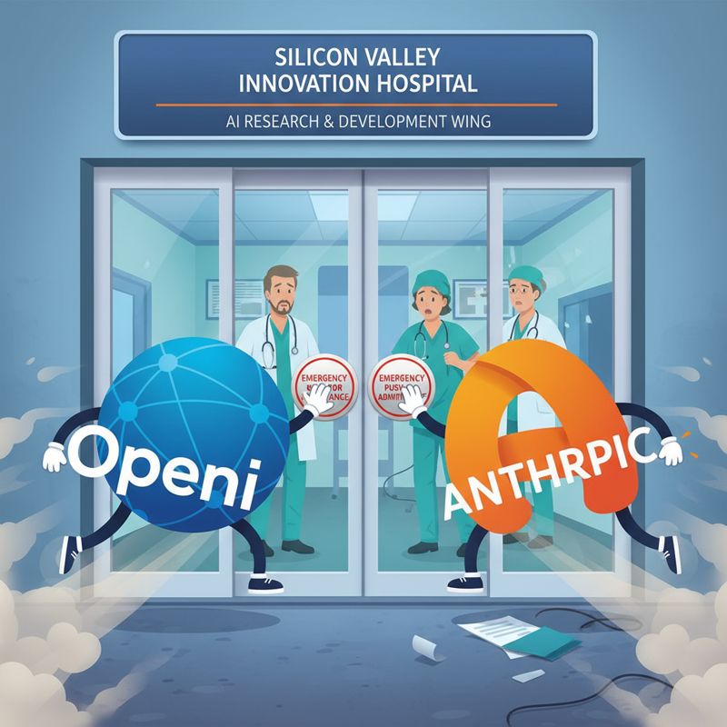 OpenAI와 Anthropic 로고가 의사 복장으로 병원 입구에서 경쟁적으로 달려드는 모습