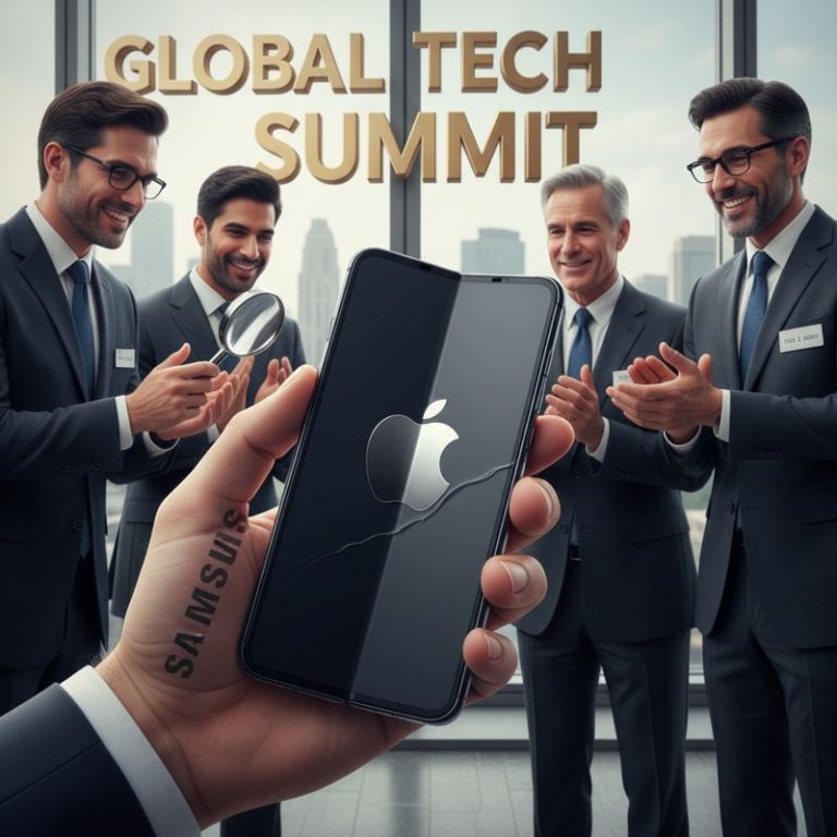 삼성 임원이 애플에 주름 없는 폴더블 디스플레이를 건네주는 만화, 옆에서 사람들이 확대경으로 화면 주름을 찾는 장면