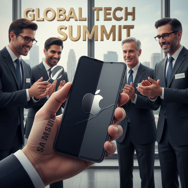 삼성 임원이 애플에 주름 없는 폴더블 디스플레이를 건네주는 만화, 옆에서 사람들이 확대경으로 화면 주름을 찾는 장면