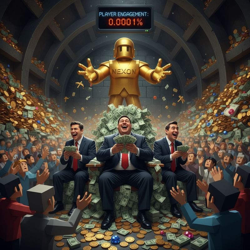 넥슨 임원이 거대한 돈더미 위에서 미소 지으며 유저들에게 곡괭이 하나씩 던지는 모습