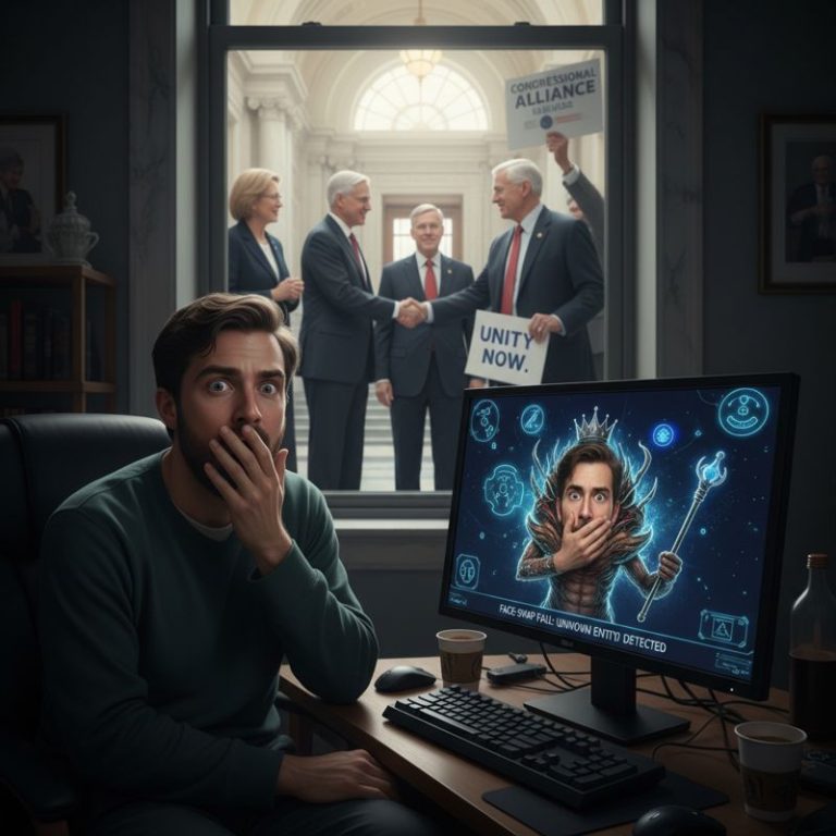 딥페이크 피해자가 실망한 얼굴로 컴퓨터 화면을 쳐다보고 뒤에는 상원의원들이 악수하고 있다.