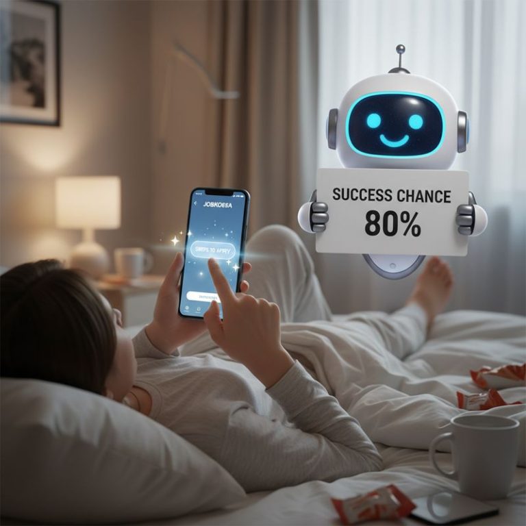 침대에서 스마트폰으로 잡코리아 앱을 이용하는 구직자와 AI 합격 확률 팻말을 든 이모티콘