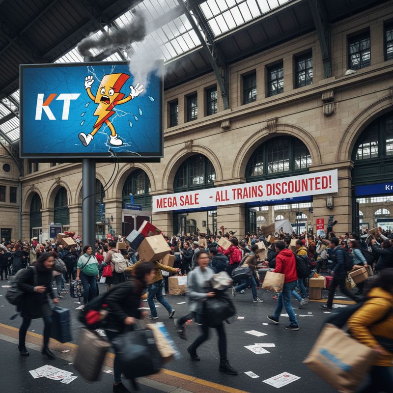 KT 간판 앞에서 사람들 바글바글, 한쪽 구석엔 KT 직원이 당황하는 모습.