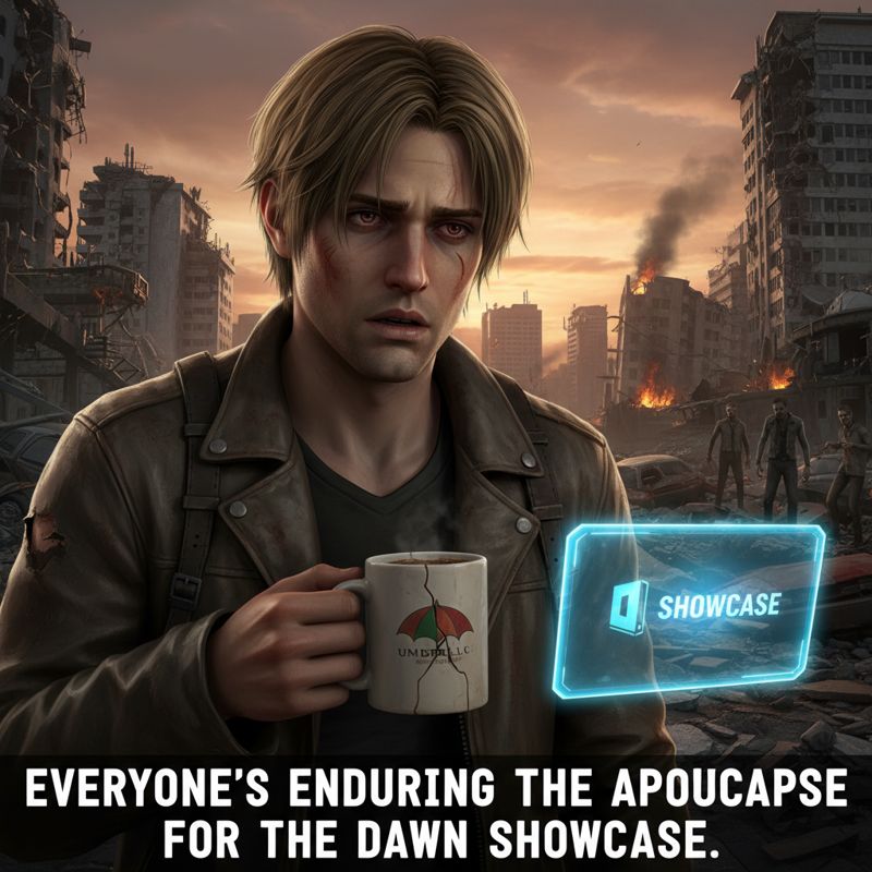 졸린 표정의 레온이 커피를 들고 쇼케이스를 기다리는 모습