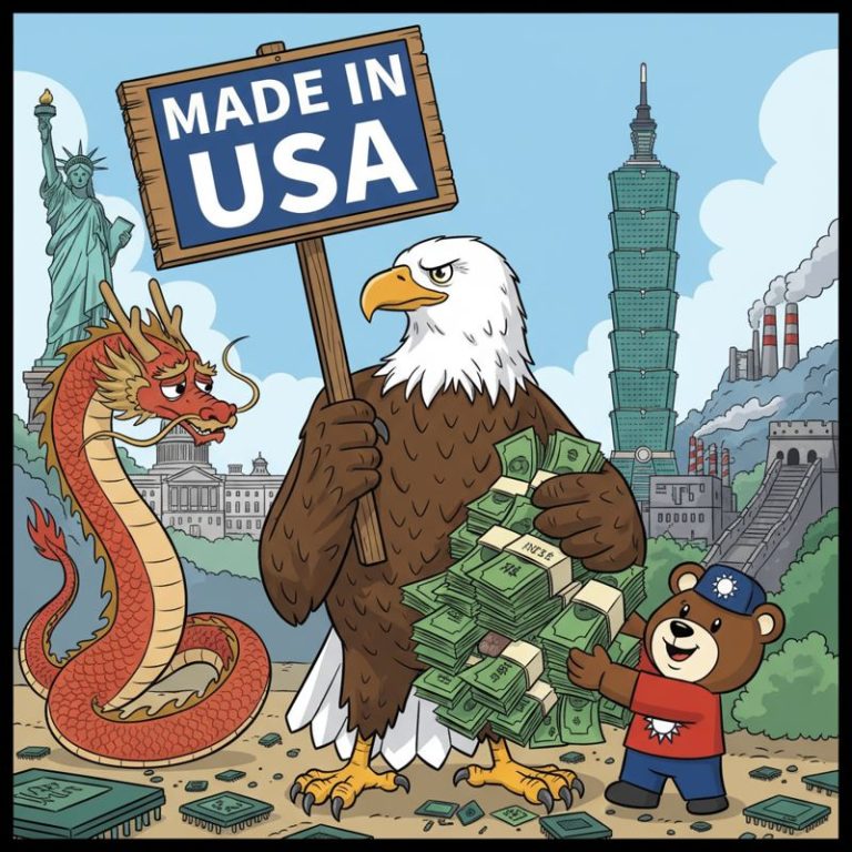 한 손엔 'Made in USA', 다른 손엔 대만 돈을 들고 있는 미국 독수리. 중국 드래곤이 못마땅하게 보는 모습.