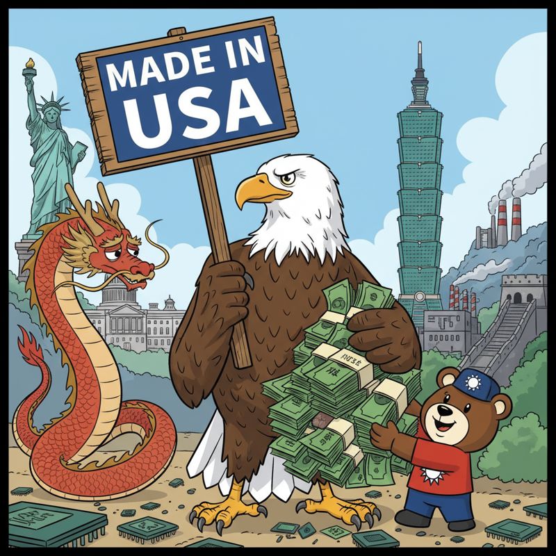 한 손엔 'Made in USA', 다른 손엔 대만 돈을 들고 있는 미국 독수리. 중국 드래곤이 못마땅하게 보는 모습.