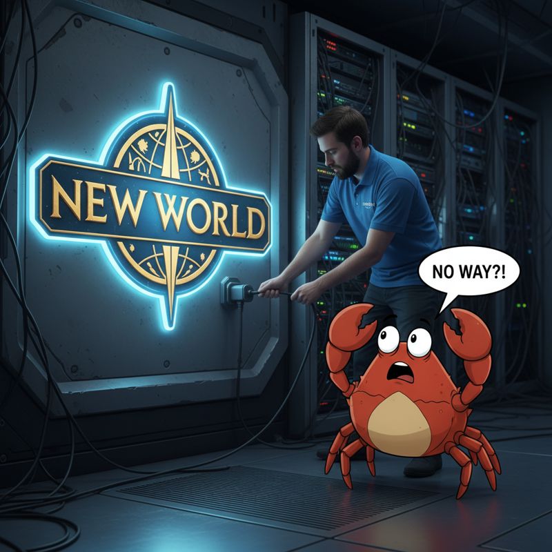 아마존 직원이 New World 서버 플러그를 빼는 장면을 당황한 Rust 마스코트가 바라보고 있다.