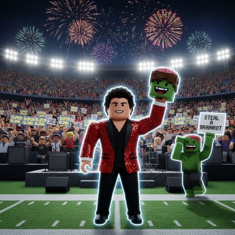 슈퍼볼 무대의 브루노 마스가 Roblox 아바타로 변해서 합성된 디지털 군중 앞에 서 있는 모습