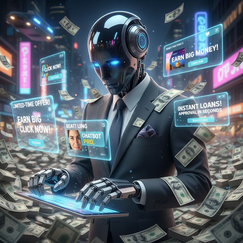 챗봇이 광고 팝업과 화폐 더미 속에서 대화하고 있는 장면