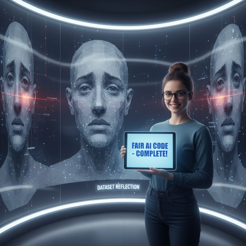 AI 개발자가 공정한 AI 코드 옆에 서 있고, 거울 속에는 왜곡된 데이터 셋이 비춰지는 모습