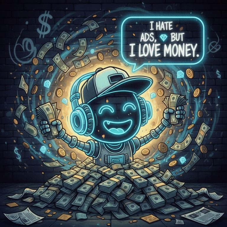 챗봇이 돈다발 속에 파묻혀 광고를 반기는 모습