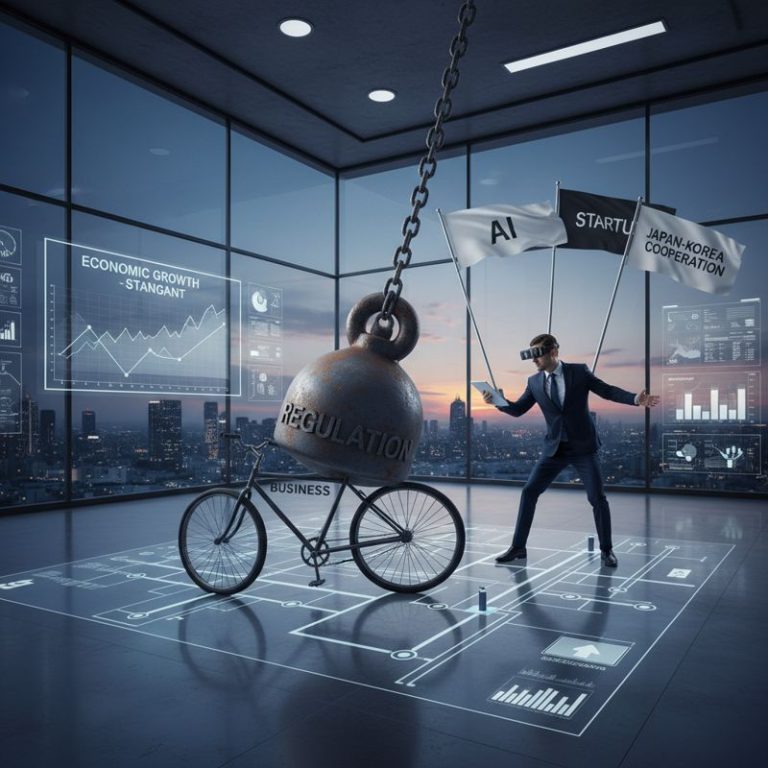 자전거 모양의 기업이 규제 무게추에 눌려 있고, 곁에 혁신 키워드들을 들고 버티는 사람