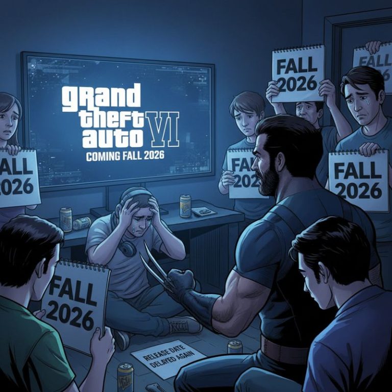 울버린이 GTA 6를 보고 발톱을 다시 집어넣는 장면, 옆에서 절망하는 게이머들