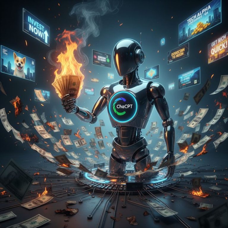 ChatGPT 로봇이 돈을 태우고 주변에 광고 배너가 가득한 모습