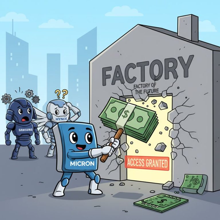 마이크론이 돈다발로 대만 반도체 공장 문을 여는 장면, 삼성과 하이닉스가 놀란 표정.