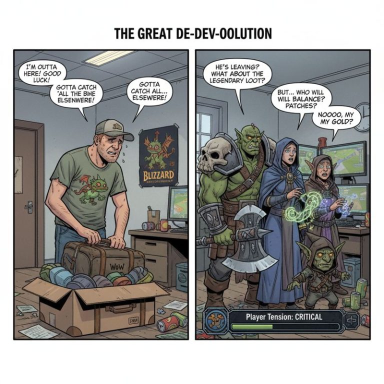 WoW 로고 든 박스를 들고 어딘가로 향하는 개발자와 그를 지켜보는 MMO 팬들