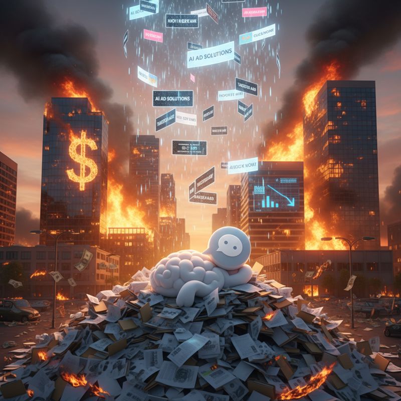 ChatGPT 로고 위에 광고가 쏟아지고 배경에는 불타는 돈과 실리콘밸리 빌딩
