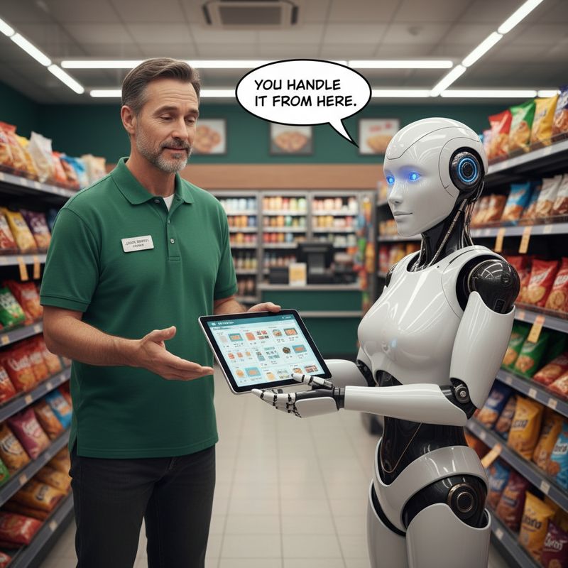 편의점에서 점주가 피곤한 표정으로 AI 로봇에게 진열 업무를 맡기고 혼자 커피를 마시는 모습