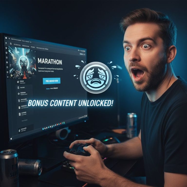 게이머가 마라톤 예약을 하는데, 모니터에 데스티니 2 아이콘이 저절로 깔려 놀라는 모습