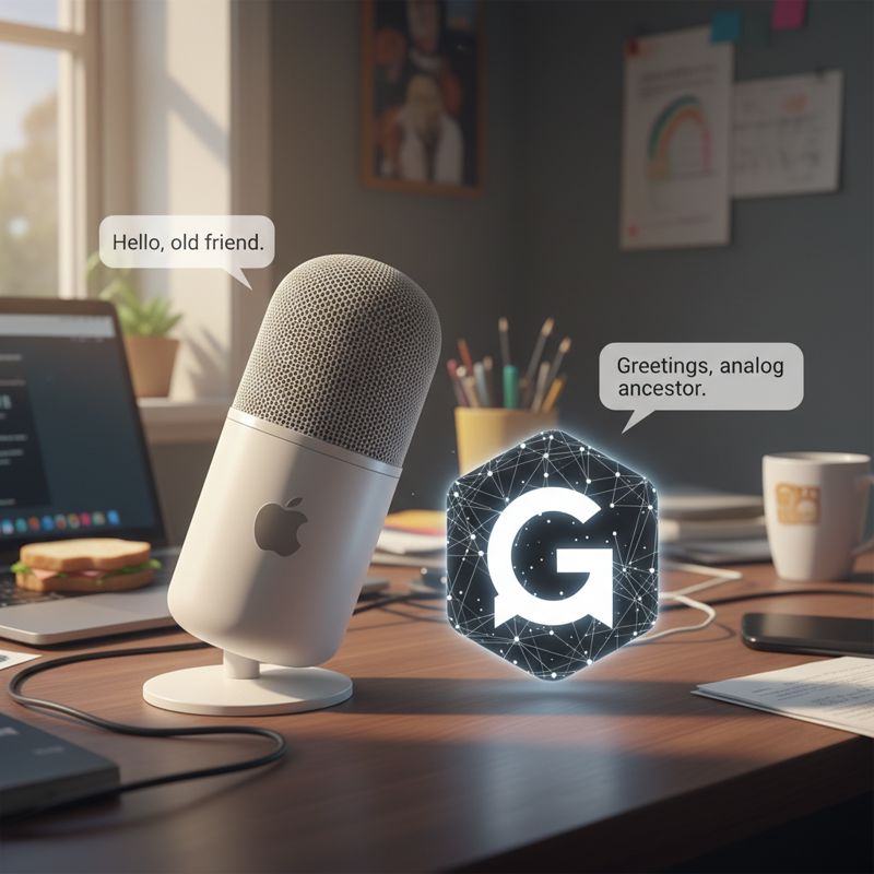 애플 Siri 마이크와 ChatGPT 로고가 사무실에서 어색하게 만나는 모습