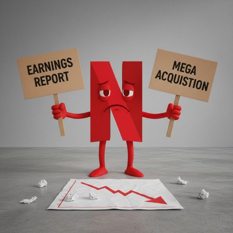 넷플릭스 로고 캐릭터가 좋은 실적과 인수 소식 사이에서 주가 하락에 좌절하는 모습