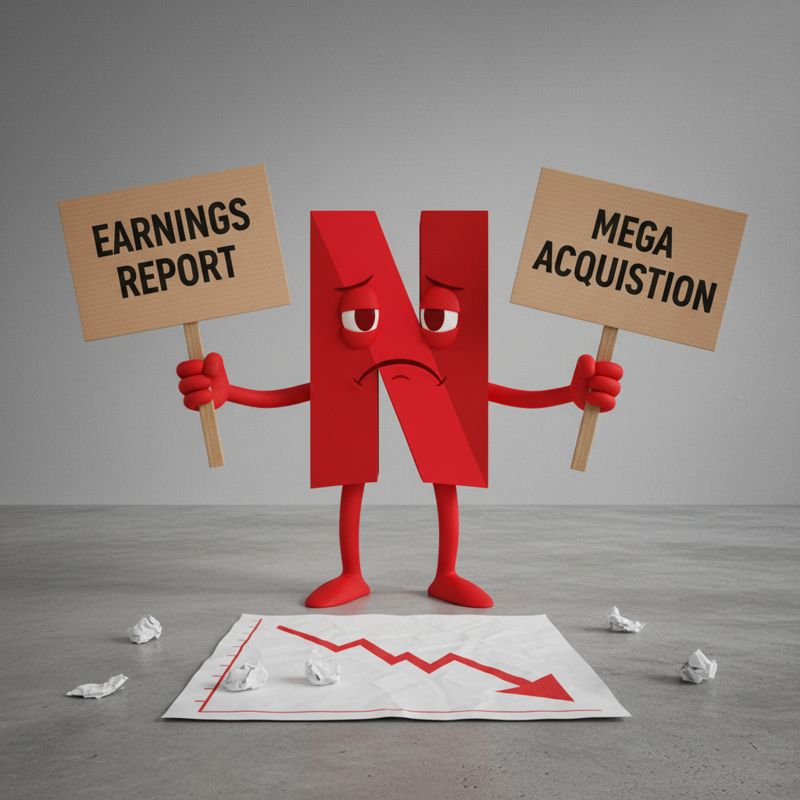 넷플릭스 로고 캐릭터가 좋은 실적과 인수 소식 사이에서 주가 하락에 좌절하는 모습