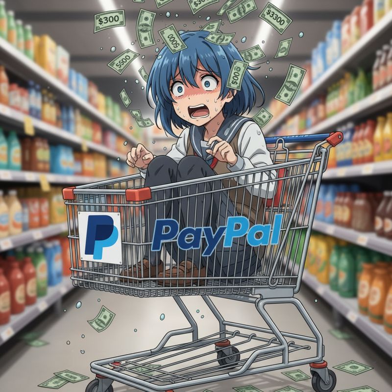 애니메 스타일 캐릭터가 쇼핑카트 안에서 무작위 금액의 돈이 쏟아지는 걸 놀라서 보고 있음. PayPal 로고도 함께 보임.