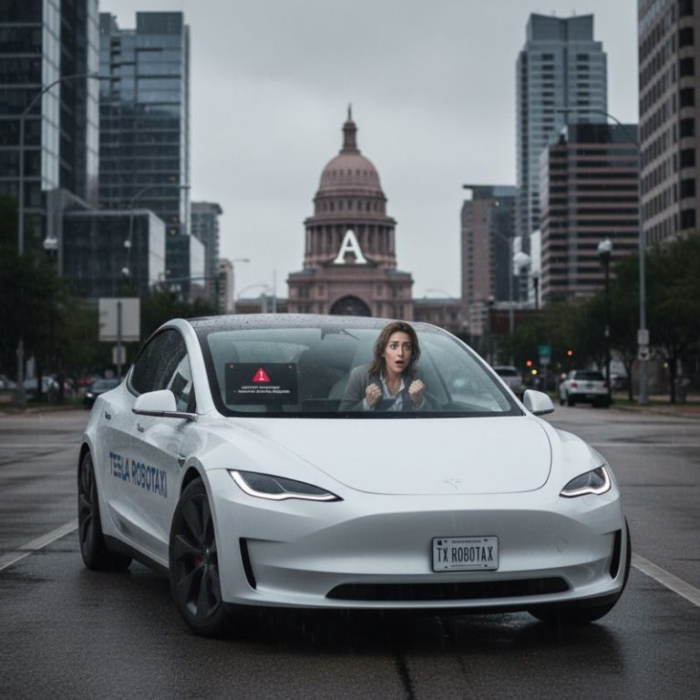 차에 사람 없이 운전하는 테슬라를 바라보며 불안해하는 승객