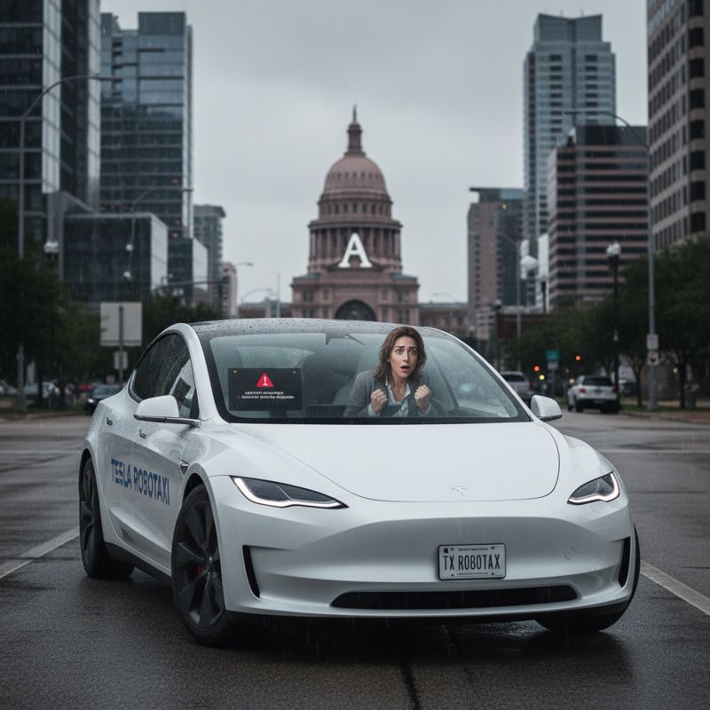 차에 사람 없이 운전하는 테슬라를 바라보며 불안해하는 승객