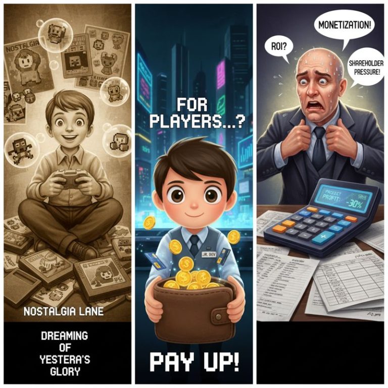 레트로 게임 배경에서 한쪽은 설레는 유저, 다른 쪽은 돈 계산하는 임원, 중앙에는 지갑 든 캐릭터