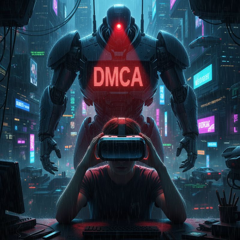 슬픈 표정의 VR 모더가 사이버펑크 도시에서 DMCA 로봇 경찰에게 쫓기는 모습