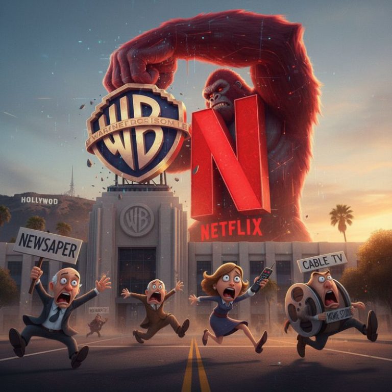 넷플릭스 로고 모양의 킹콩이 워너브라더스 건물 위에서 WB 로고를 흔들고, 아래엔 미디어 회사 사람들이 깜짝 놀라 도망가는 모습