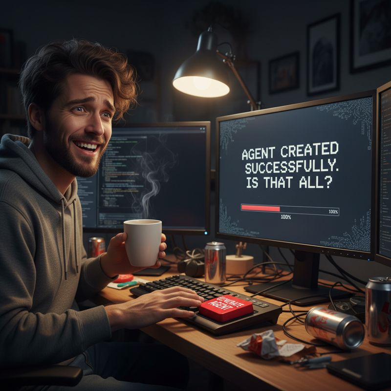 책상에 앉은 개발자가 버튼 한 번에 모든 걸 처리하는 걸 보며 허탈하게 웃는 모습