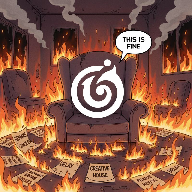 유비소프트 로고가 'This is fine' 밈의 강아지처럼 불타는 방 안에 앉아있는 모습