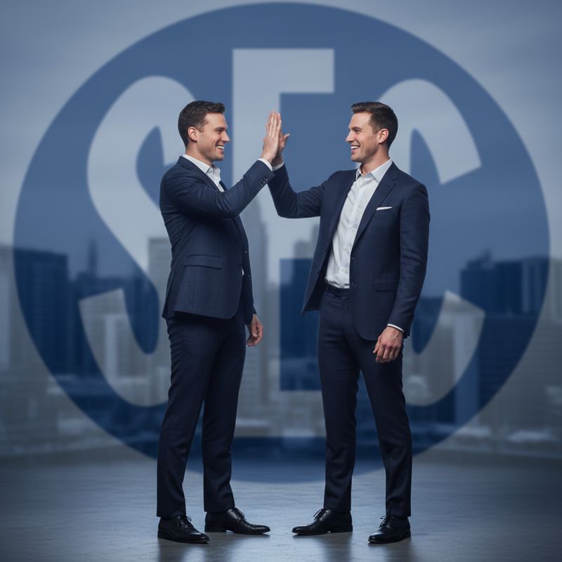 윙클보스 쌍둥이가 하이파이브를 하며 SEC 로고를 등지고 있는 모습