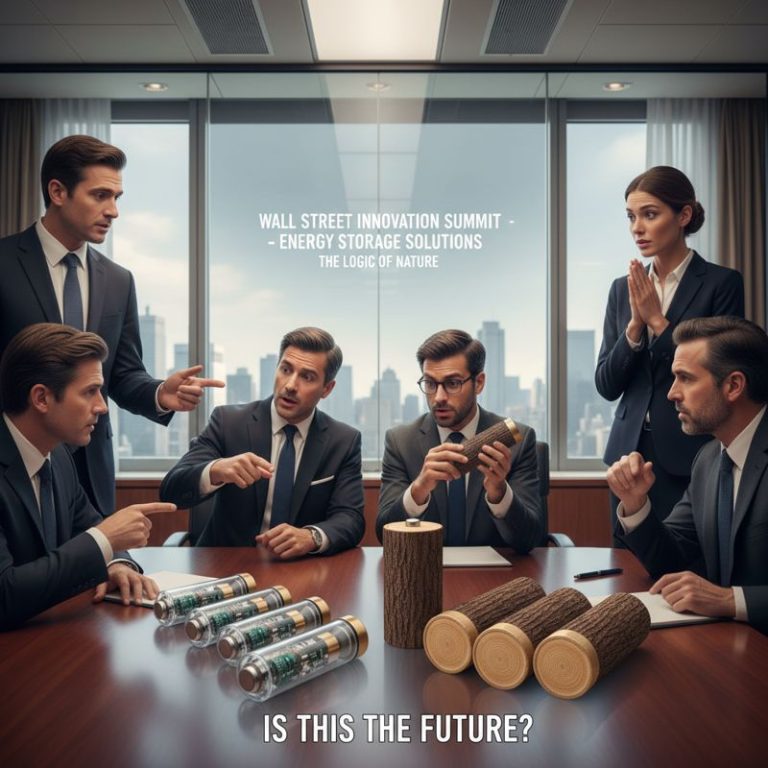 경매장 분위기의 회의실에서, 슈트를 입은 투자자들이 통나무 배터리를 놀란 표정으로 바라보는 모습